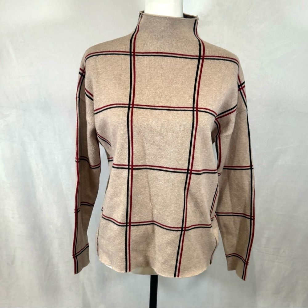 Tahari mock neck tan red and black windowpane sweater size medium